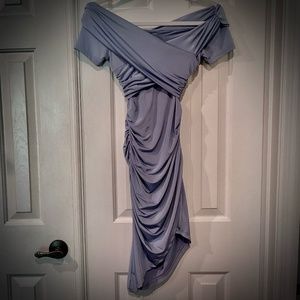 Winsor XS New Body Con Off the Shoulder Mini Dress Dusty Blue Asymmetrical Hem